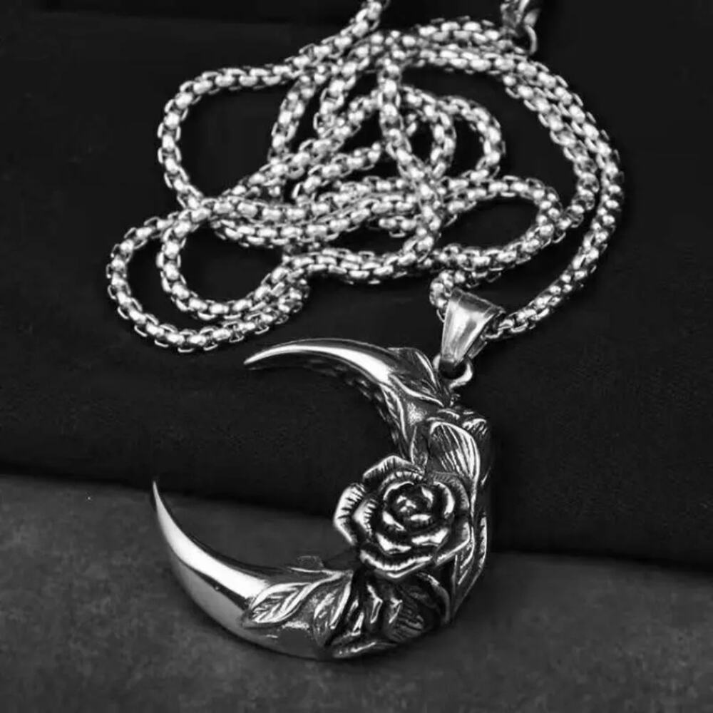 Silver Goth Crescent Rose Moon Chain Necklace